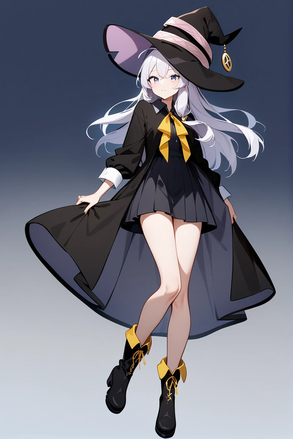 witch hat dress shirt black skirt black robe yellow ribbon boots, mm-elaina, ahoge, 1girl, solo, skinny, masterpiece, absurdres, high quality, highres, best quality, (full body:1.20), recent <lora:mm-elaina-V02-000003:0.8>