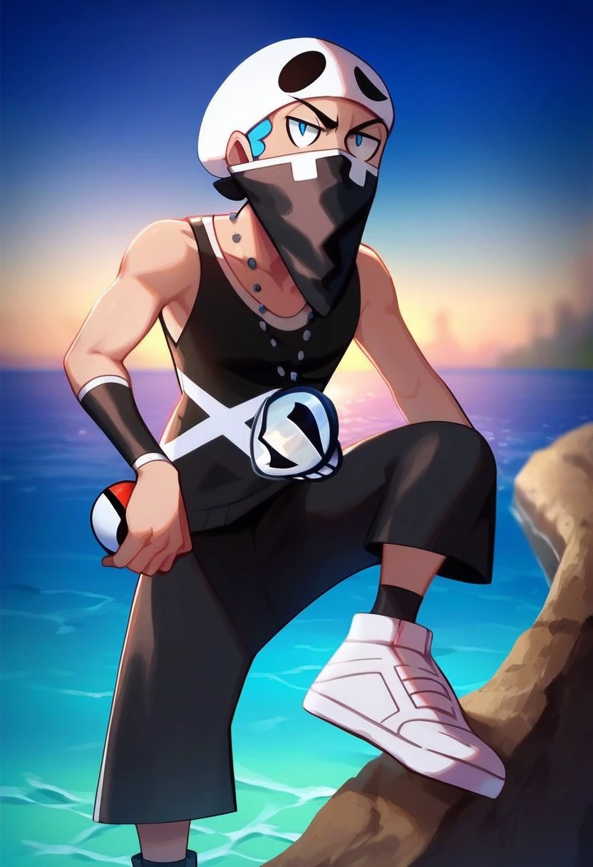 score_9, score_8_up, score_7_up, score_6_up, source_anime BREAK 1boy, Team_Skull_Grunt_M, Beanie, Mask, Necklace, Black tank top, Black bottomwear, Sneakers, Forearm jewelry, Black socks, Blue Eyes, looking at you, ocean, blue sky,, partially submerged, holding poke ball \(basic\),