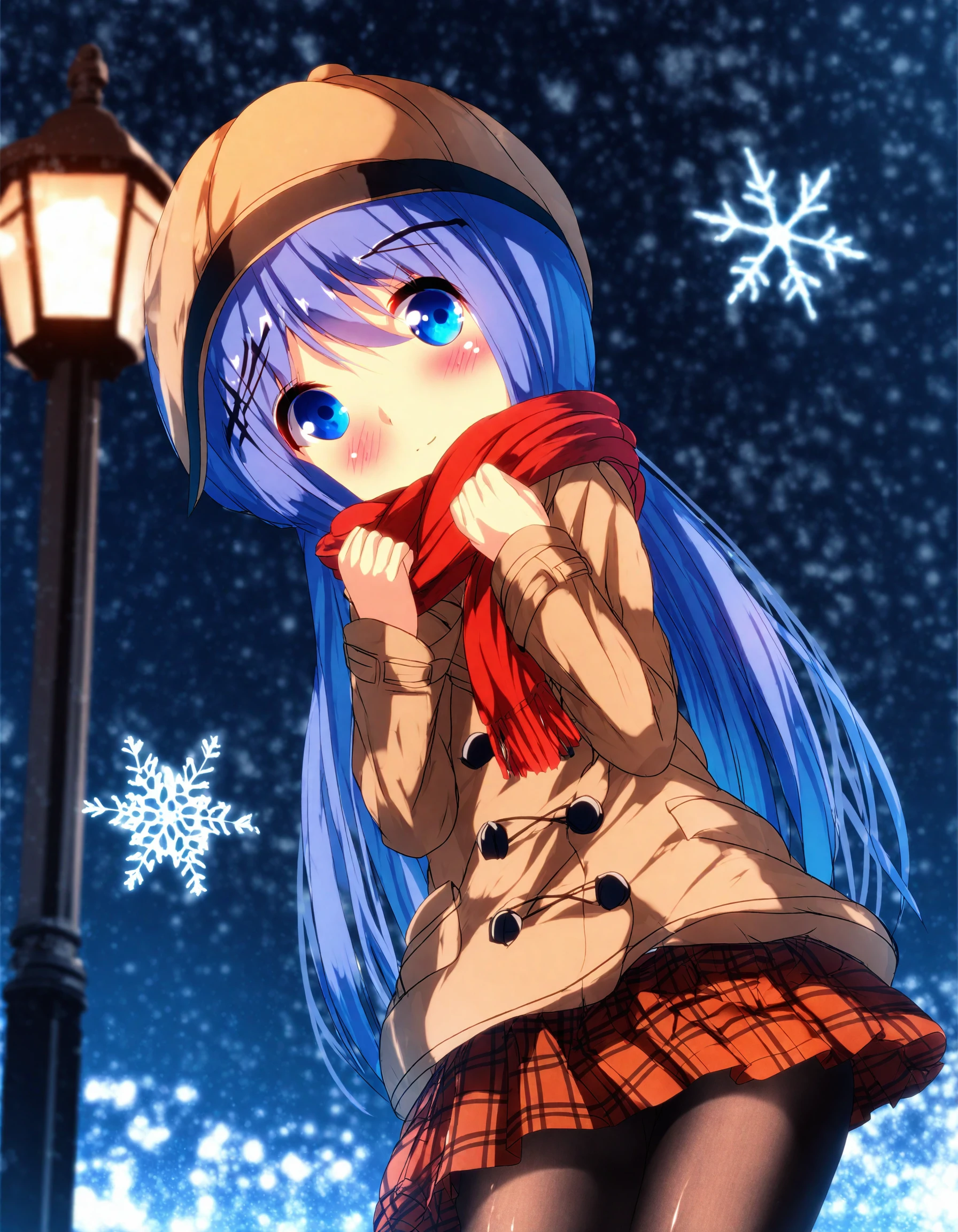 chinomaron, 1girl, solo, depth of field, long hair, hair between eyes, blue hair, blue eyes, looking at viewer, blush, closed mouth, head tilt, hands up, red skirt, pleated skirt, black pantyhose, hair ornament, scarf, red scarf, long sleeves, brown jacket, brown coat, duffel coat, fringe trim, plaid, outdoors, night sky, night, snowflakes, lamppost