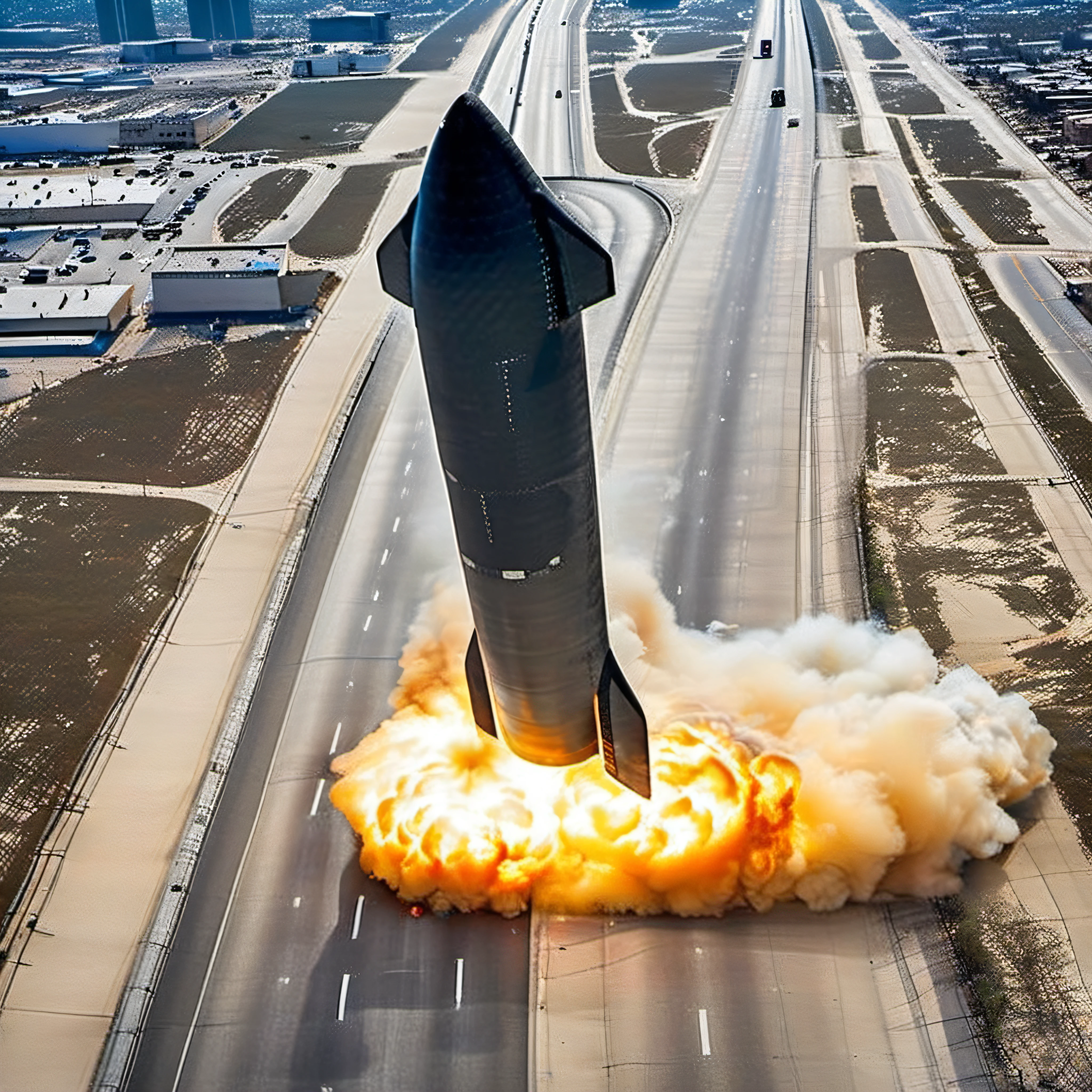 1starship landing on a dense city highway car traffic, heat shield, engines on, photograph, aft flaps closed