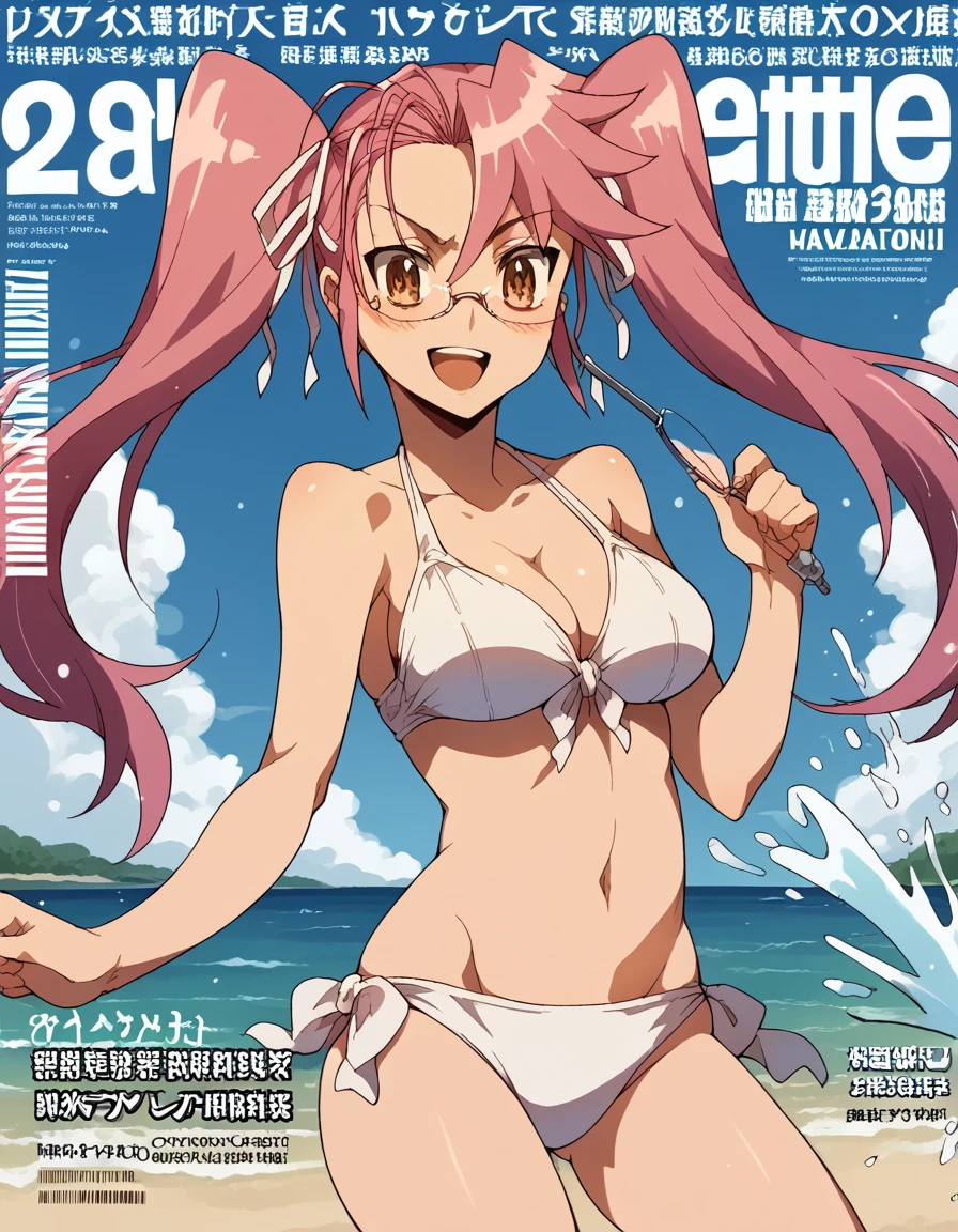 score_9, score_8_up, score_7_up, source_anime, sayatakagi, <lora:saya-takagi-ponyxl-lora-nochekaiser:1>, saya takagi, long hair, ribbon, twintails, brown eyes, hair ribbon, pink hair, glasses, large breasts,, <lora:magazine-cover-ponyxl-lora-nochekaiser:1>, magazine cover, fake magazine cover, cover, fake cover, price, cover page, text focus, barcode, content rating, dated,, beach, swimsuit, open mouth, splashing, smile, blush, bikini, navel,, cowboy shot, dutch angle,