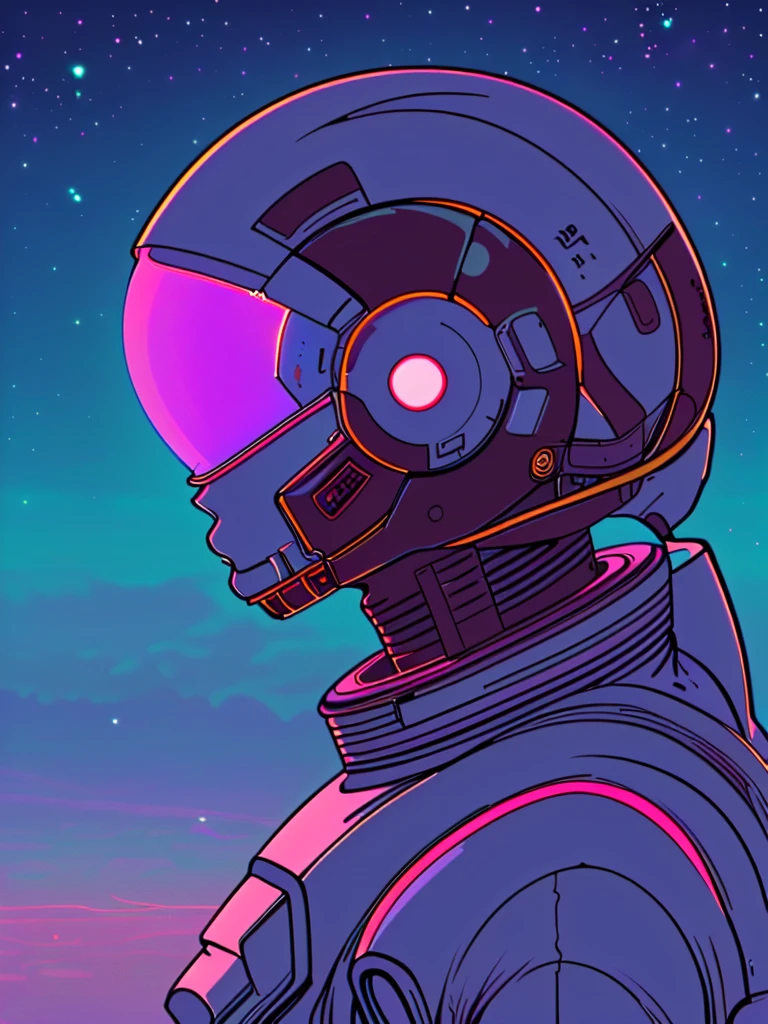 <lora:retro_neon-SD:0.8>,
retro_neon, solo, from side, helmet, no humans, astronaut,glow,sky,space