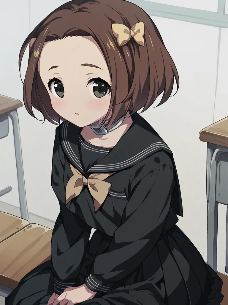 score_9, score_8_up, score_7_up, 
1girl, makiba rika, brown hair, medium hair, black eyes, parted bangs, forehead, hair bow,


black serafuku, black skirt, sitting, classroom, blush, looking at viewer,