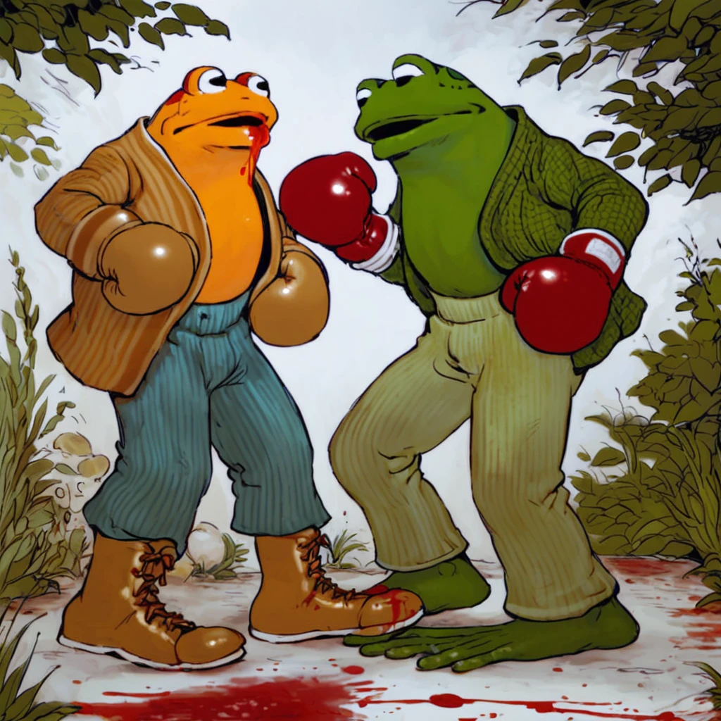 score_9, score_8_up, score_7_up, 2boys, frog and toad, boxing match, outdoors, blood, by arnold lobel <lora:LobelForPony:1>