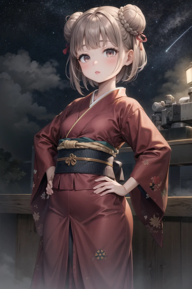 (masterpiece, best quality:1.2), 1girl, solo, cowboy shot,
on top of a building, at night, (heavy fog:1.3) and bright stars,
wearing a kimono,  hands on hips, 
lipstick, eyeshadow, (short hair:1.1), (double bun hair:1.1), (oily skin:1.1), 
<lora:sugiyuu-10:0.6:lbw=ALL>