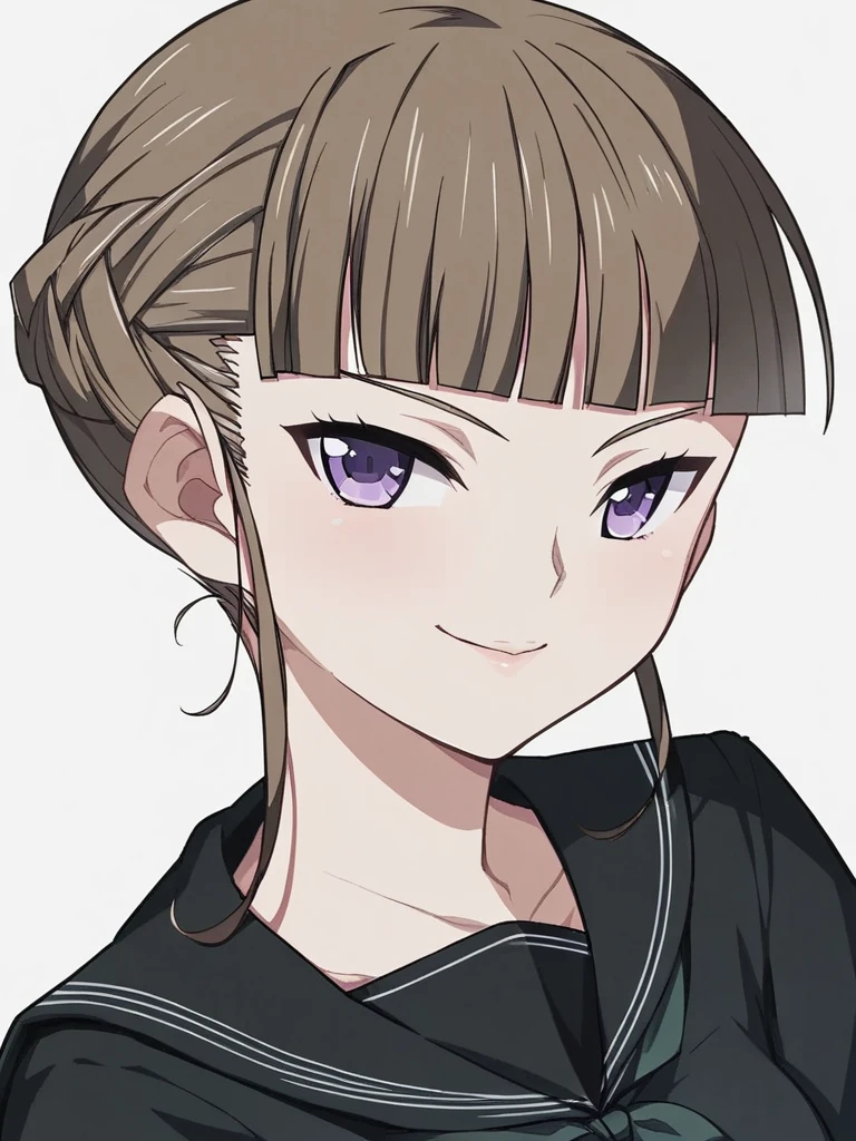 score_9, score_8_up, score_7_up, 
1girl, manaka nemu, blunt bangs, brown hair, short hair, french braid, purple eyes,

white background, face,
narrowed eyes, looking at viewer, smile, 
black serafuku,