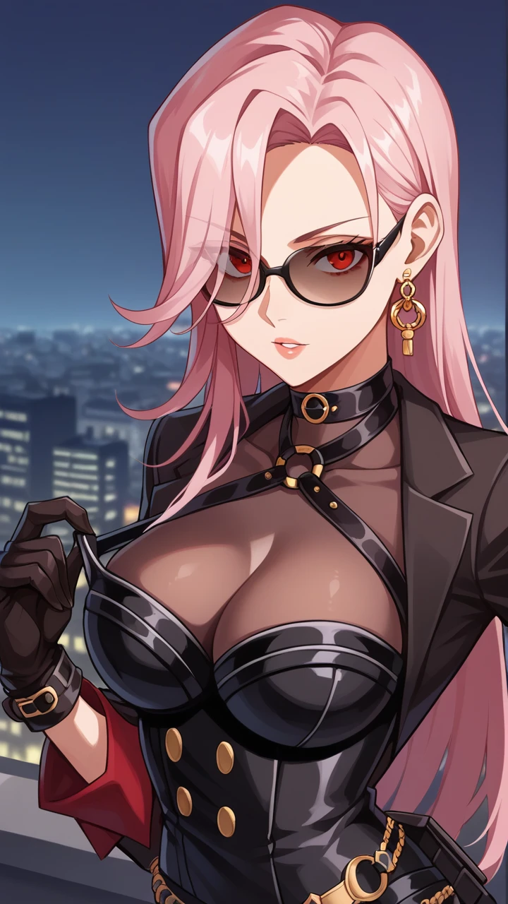 score_9, score_8_up, score_7_up, score_6_up, source_anime, BREAK masterpiece, <lora:SpectreDNF:1>, SpectreDNF, pink hair, large earrings, long hair, corset, glasses, o-ring, choker, suit, bodysuit, pantyhose,shorts, see-through cleavage, gloves,large earrings, upper body, cityscape, night, skyscraper, eyewear pull, looking at viewer, parted lips, red eyes, ajusting eyewear,