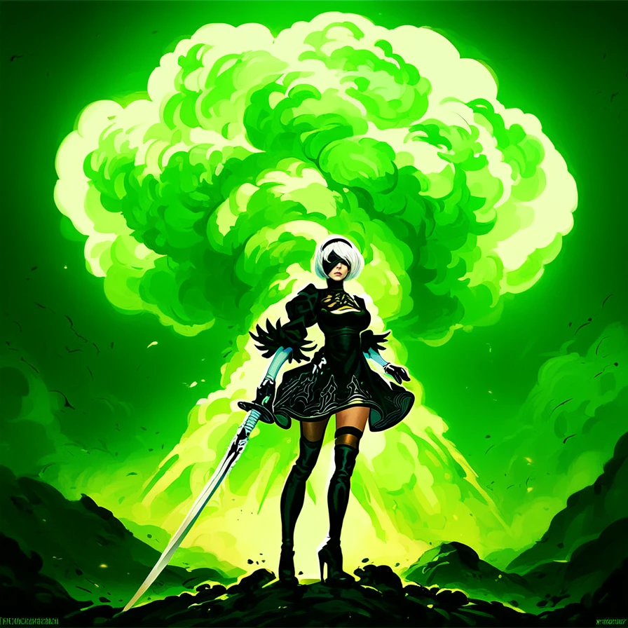 score_9, score_8_up, score_7_up,   detailed background, realistic lighting, no_humans, 
<lora:Nuclear_Explosion epoch10:1>, nuclear explosion in background, nuclear explosion, green nuke, 
 <lora:nier-2b-ponyxl-lora-nochekaiser:1>, 2b, black blindfold, black hairband, blindfold, hairband, short hair, white hair,
sword dance,