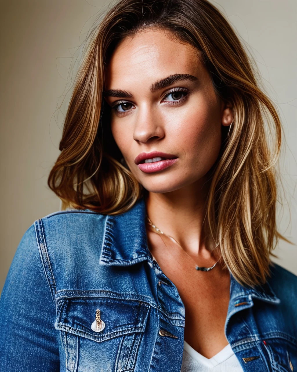 professional portrait of 1girl in a denim jacket, lip gloss, lips, youthful, pretty face, necklace, face details, looking at viewer, lips parted (Vienna abackground), sharp focus