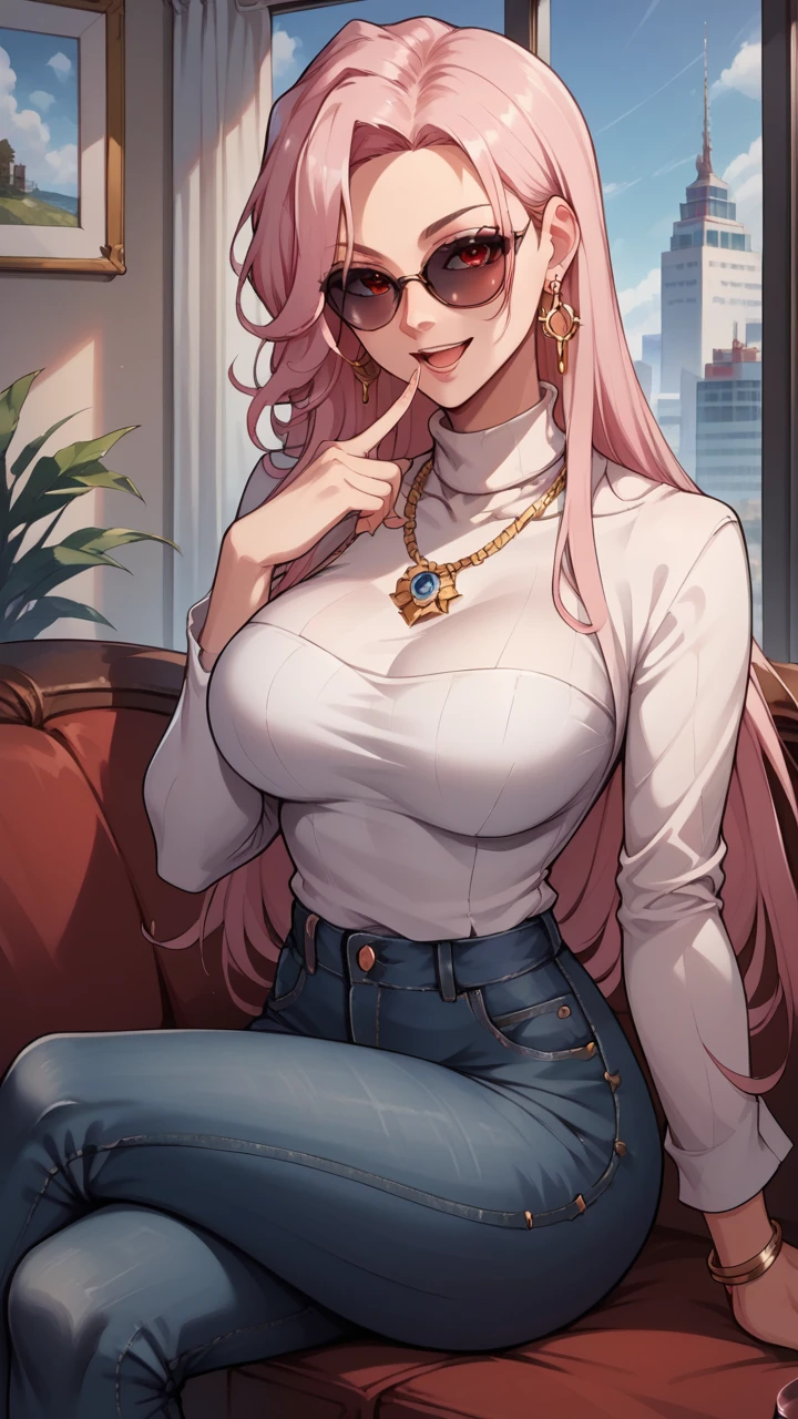 score_9, score_8_up, score_7_up, score_6_up, source_anime, BREAK masterpiece, <lora:SpectreDNF:1>, SpectreDNF, pink hair, large earrings, red eyes, long hair, sunglasses, white turtleneck, breasts, jeans, necklace, seductive smile, finger to mouth, open mouth, sitting, couch, window, crossed legs, looking at viewer,