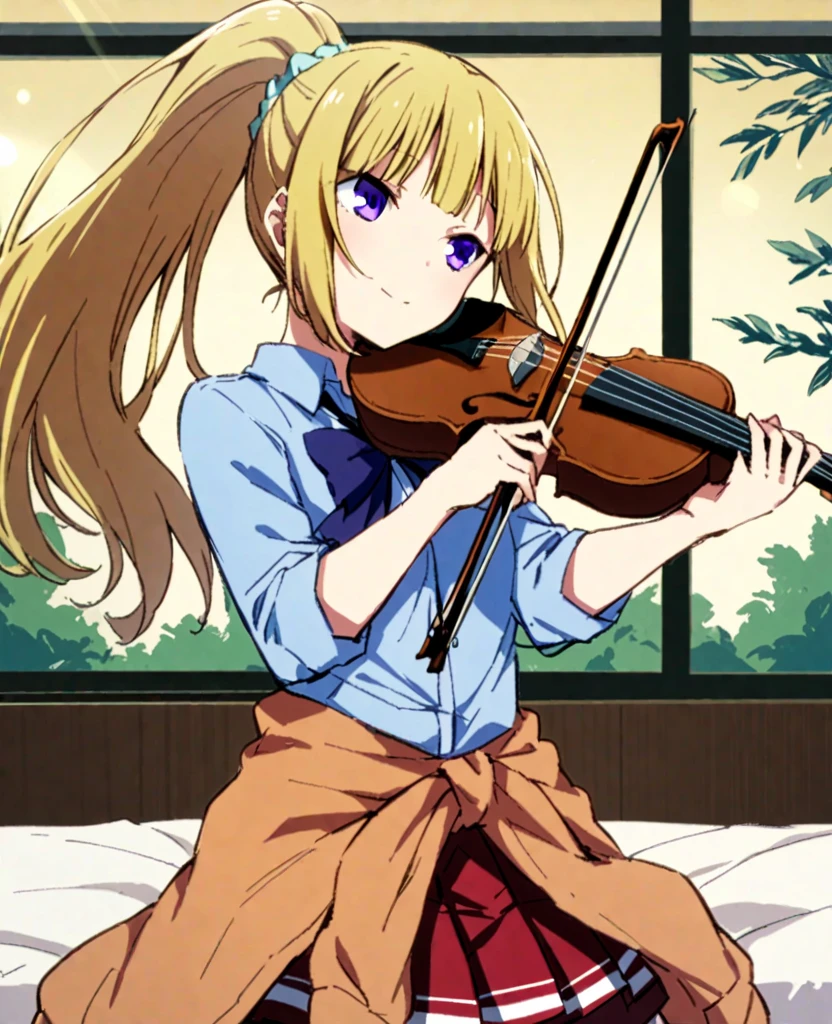 solo,<lora:xtq:0.7>,violin,instrument,playing instrument,holding,bow \(music\),holding instrument,<lora:Vincent_Sketch_Manga:1>,daiton,<lora:KaruizawaJitsukyo_AnimagineXLV3:0.7>,karuizawa,1girl,blonde hair,ponytail,hair scrunchie,blunt bangs,purple eyes,blunt bangs,purple eyes,blue shirt,collared shirt,bowtie,clothes around waist,pleated skirt,red skirt,flowing hair and clothes,smile,bedroom,early morning,lens flare,window sill,willow leaves,cool breeze,, masterpiece,best quality,very aesthetic,absurdres,8k,<lora:ä¿®æsl:1>,