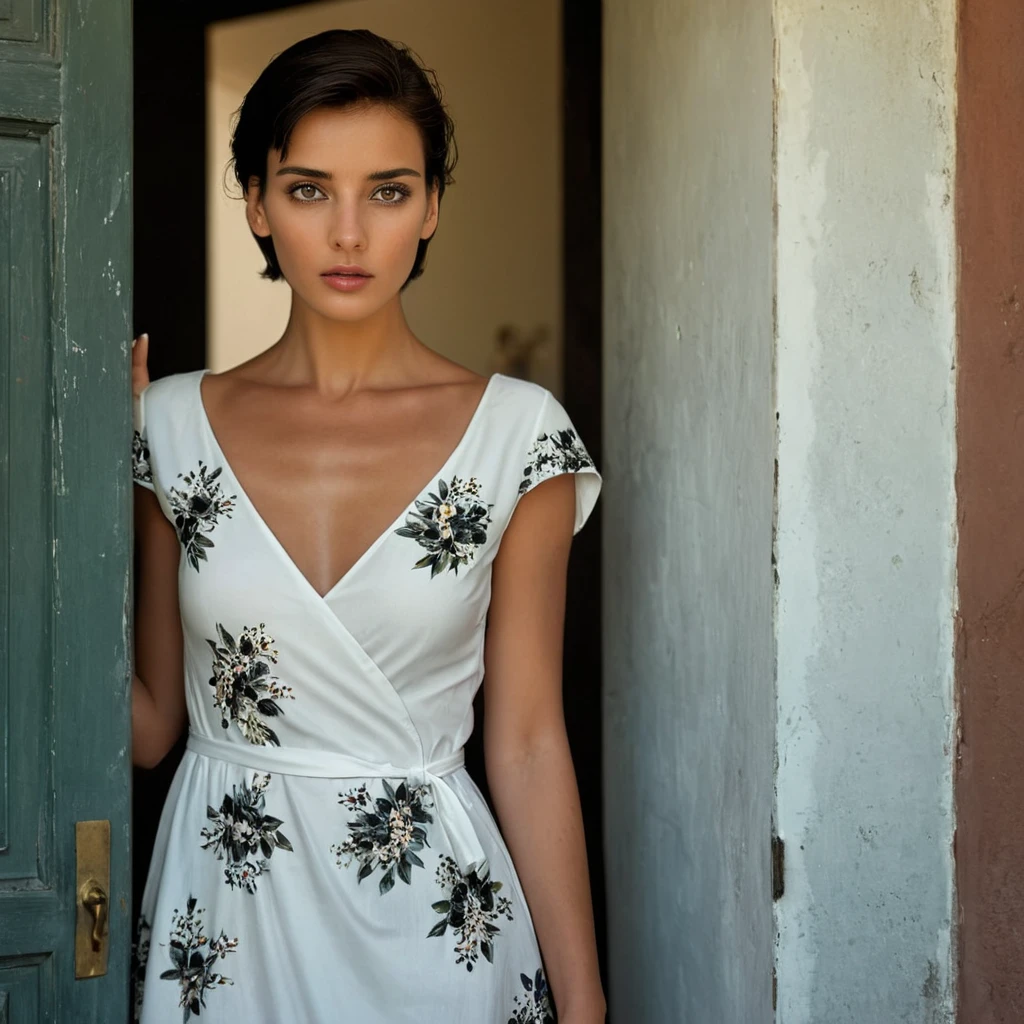 Hyperrealistic art of  <lora:detailed_notrigger:0.3>
 <lora:facial expression style v2:0.1>
 <lora:Rosa Caracciolo (Rozsa Tassi):1>
Rosa Caracciolo (Rozsa Tassi) a woman standing in a doorway with a white dress, sharp, detailed, cinematic film style, Rosa Caracciolo style, Rozsa Tassi style, 1girl, solo, looking at viewer, short hair, black hair, upper body, flower, short sleeves, outdoors, floral print, realistic, shirt, white shirt, black eyes, lips, bug, kodak skin tone style, Extremely high-resolution details, photographic, realism pushed to extreme, fine texture, incredibly lifelike