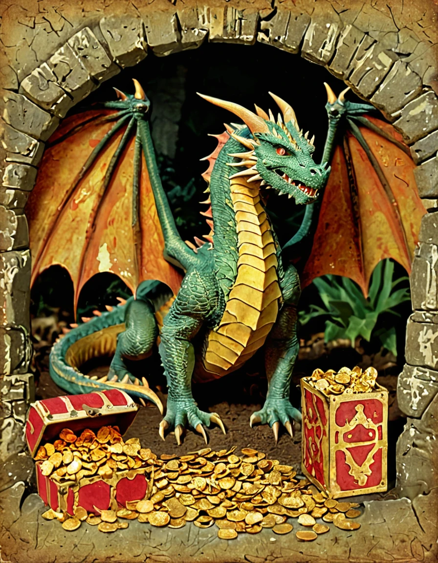 dragon in lair with its treasure  <lora:novuschroma48 style:.9> novuschroma48 style