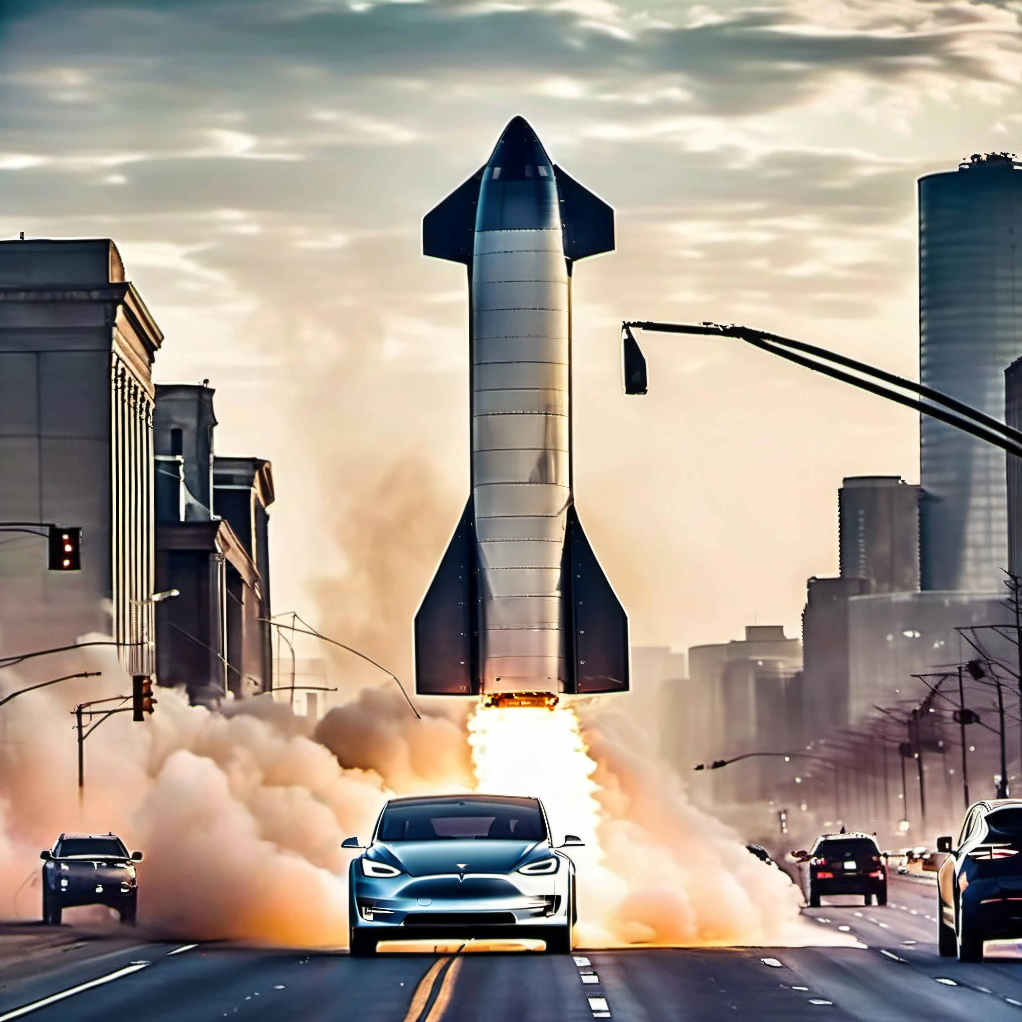 1starship landing on a dense city highway tesla traffic, engines on, photograph, aft flaps closed