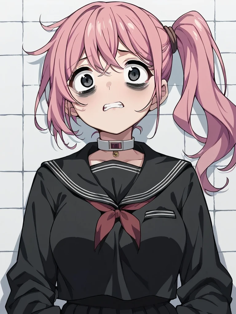 score_9, score_8_up, score_7_up, 
1girl, pink hair, side ponytail, black eyes, 
medium breasts, black serafuku, long sleeves, choker,
bags under eyes, scared, white room, tile wall, looking at viewer, wide-eyed, 