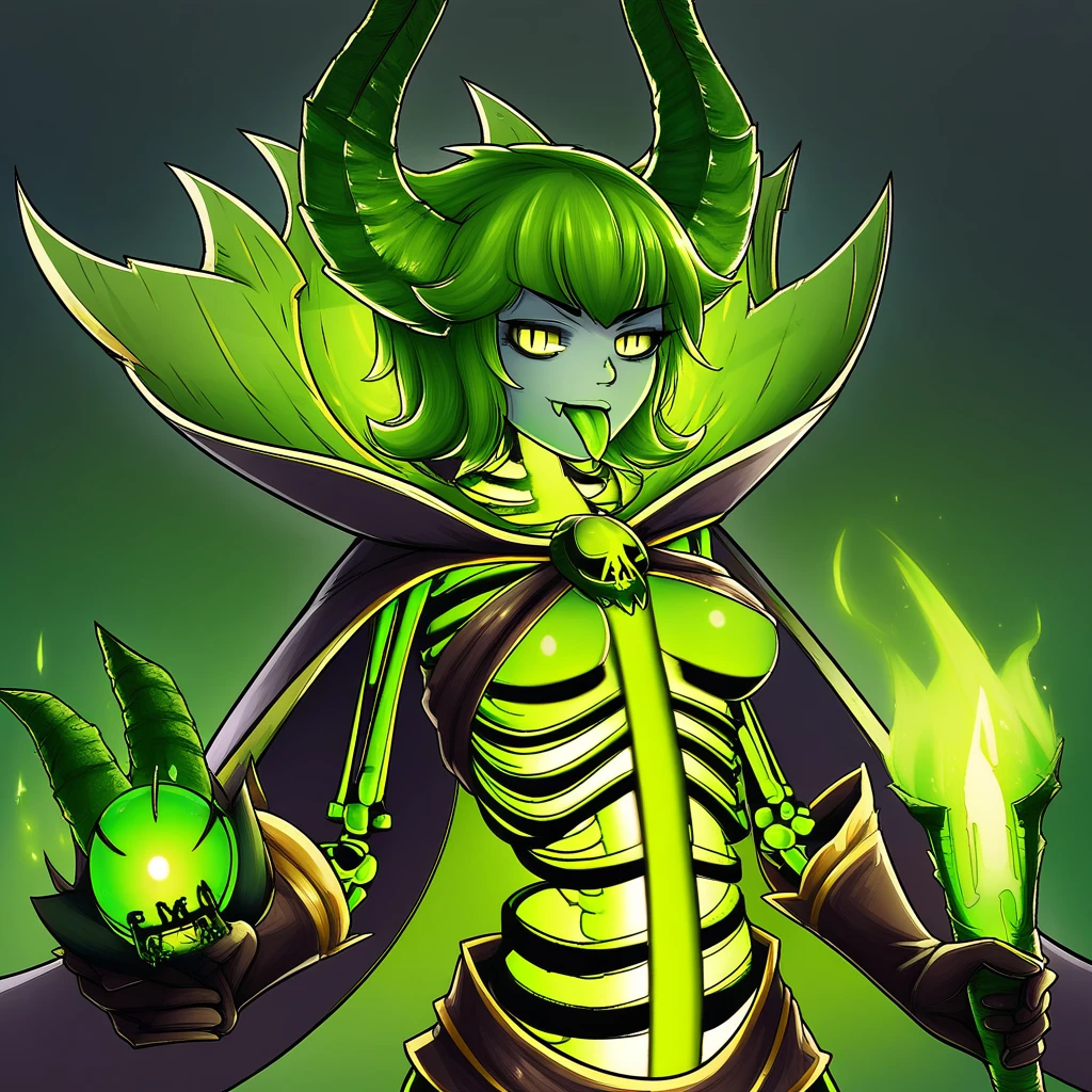 pugna, pugna \(dota 2\), 1girl, solo, breasts, looking at viewer, short hair, gloves, holding, yellow eyes, green hair, horns, tongue, tongue out, cape, glowing, monster girl, slit pupils, genderswap, genderswap (mtf), ribs, green theme, skeleton, bone