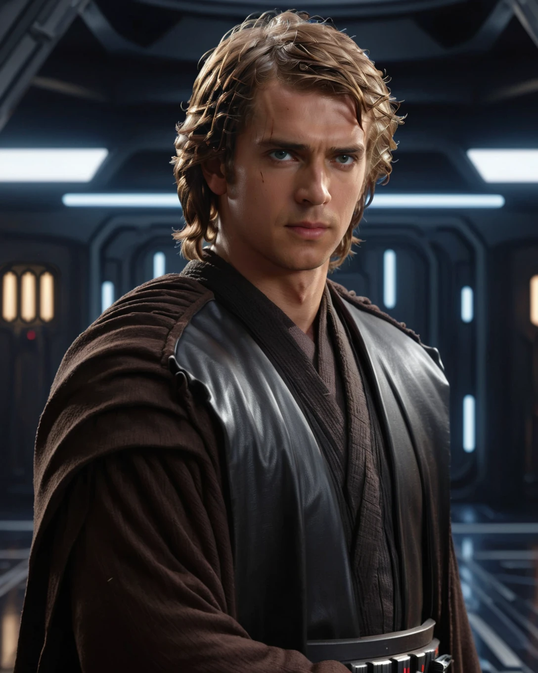 (three-quarter view1.5) (close-up0.5) shot of <lora:Anakin_Revenge_of_the_Sith:0.8> Anakin Skywalker Jedi Hayden Christensen wearing brown cloak holding lightsaber, (((dynamic action pose))), (((engaged in battle with clonetroopers))), 8k uhd, dslr, soft lighting, high quality, background of black sci-fi spaceship corridor, intricate details, masterpiece, trending on artstation, realistic, Cinematic, epic, action packed, incredibly detailed and realistic, magnificent, vignette, high budget, bokeh, moody, sharp, highly detailed, concept art, realistic hands, dynamic pose, dynamic shotfantastic location, majestic cluttered environment, 8k unity render, action shot, skin pores, detailed, detailed face, (vibrant, photorealistic, realistic, dramatic, dark, sharp focus, 8k), (weathered damaged old worn leather outfit:1.5), (intricate:1.5), (highly detailed:1.4), octane render, sharp focus, art by artgerm, (loish:0.23) , wlop ilya kuvshinov, and greg rutkowski and alphonse mucha gracias, (global illumination, studio light, volumetric light)