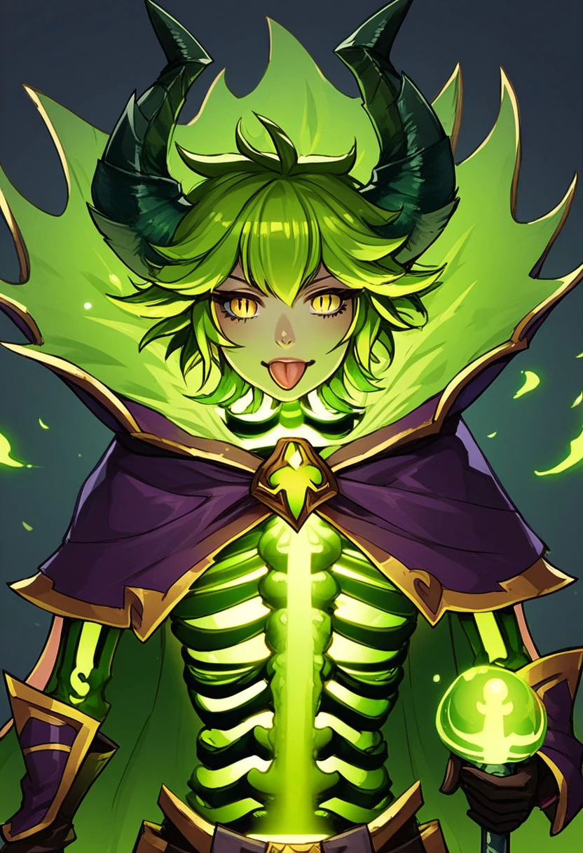 score_9, score_8_up, score_7_up, score_6_up, derpibooru_p_95, 
source_anime, very aesthetic, anime screencap, anime coloring, 
pugna, pugna \(dota 2\), 1girl, solo, breasts, looking at viewer, short hair, gloves, holding, yellow eyes, green hair, horns, tongue, tongue out, cape, glowing, monster girl, slit pupils, genderswap, genderswap (mtf), ribs, green theme, skeleton, bone