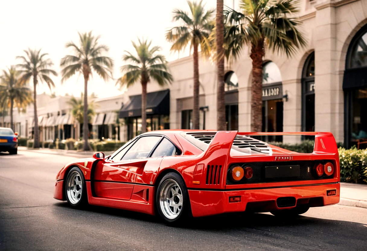 analog film photo (Sportscar, Ferrari F40, side view, sunny, street, palm trees, luxury shop), (film grain:1.5) . faded film, desaturated, 35mm photo, grainy, vignette, vintage, Kodachrome, Lomography, stained, highly detailed, found footage, cinematic film still (Sportscar, Ferrari F40, side view, sunny, street, palm trees, luxury shop), (film grain:1.5) . shallow depth of field, vignette, highly detailed, high budget, bokeh, cinemascope, moody, epic, gorgeous, film grain, grainy