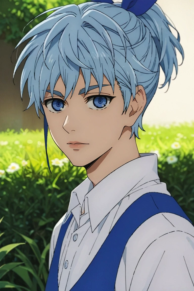 score_9, score_8_up, score_7_up, source_anime, rating_safe, intricate details, semi-realistic, looking at viewer, depth of field, 1boy, solo, male focus, <lora:aguero_agnes_khun_pony:0.96>, aguero_agnes_khun, blue hair, blue eyes, short hair, ponytail, hair bow, , , easter costume, <lora:sdxl_lightning_8step_lora:1>