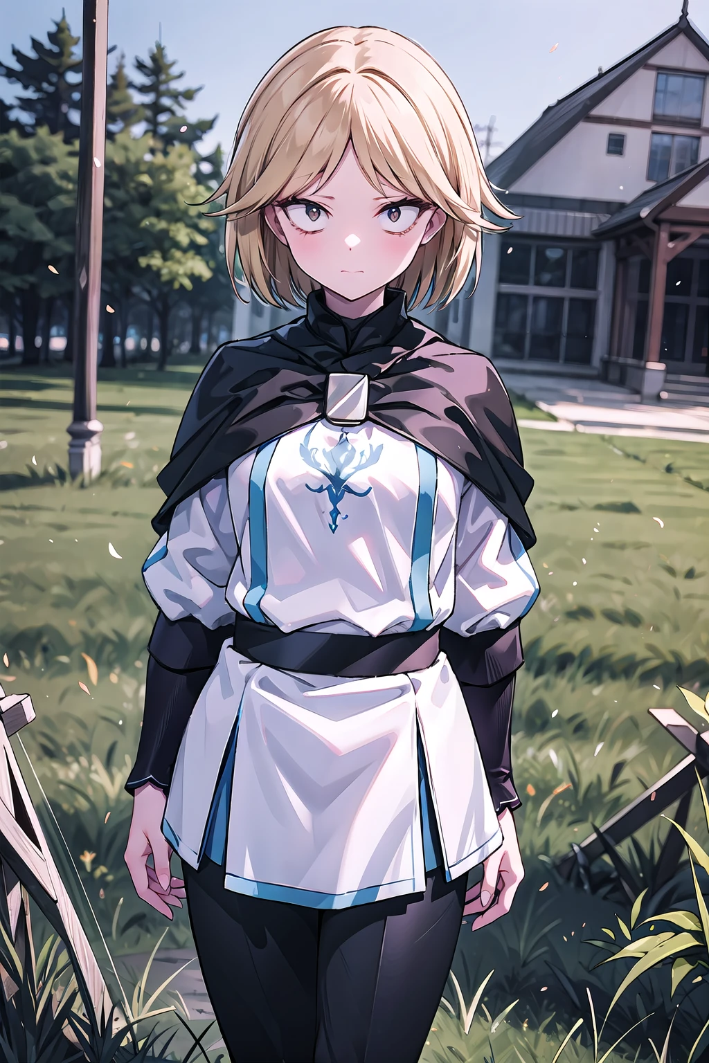 (masterpiece), best quality, high resolution, extremely detailed, detailed background, neia_White_dress, neiabaraja, solo, closed_mouth, parted_bangs, black_eyes, constricted pupils, sanpaku, expressionless, looking_at_viewer, small_breasts,  black_cape, long_sleeves, vambraces, brown_belt, black_pants, clenched_hands, standing, outdoors, grass, <lora:Neia_V1:0.8>