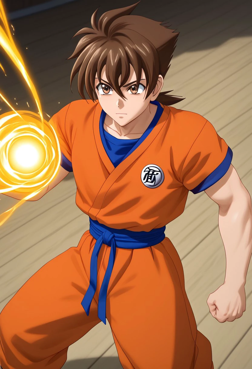 Masterpiece, best quality, high quality, highres, 4k, detailed face, bmbplora, Expressiveh, issei_hyoudou, brown hair, brown eyes, hair between eyes, Turtle School Gi, Martial Arts Uniform, Orange Outfit, blue undershirt, energy ball,