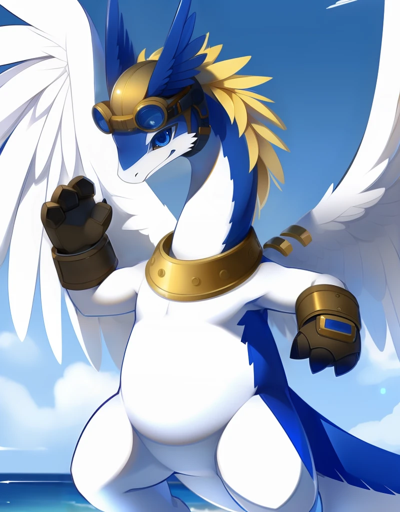 (((detailed eyes, detailed face))), (feral, shiron <lora:character_shiron_findigo_v2:0.9>, dragon, blonde hair, white angel wings, blue head wings, black claws), male, (solo), (plump), (brown gloves, helmet, goggles, gold necklace), standing, (arms up), smile, (front view) BREAK (konzaburou, ukan_muri), beach, (flat shading, flat color, high brightness), 8k, UHD, masterpiece, (full body), (3 fingers)