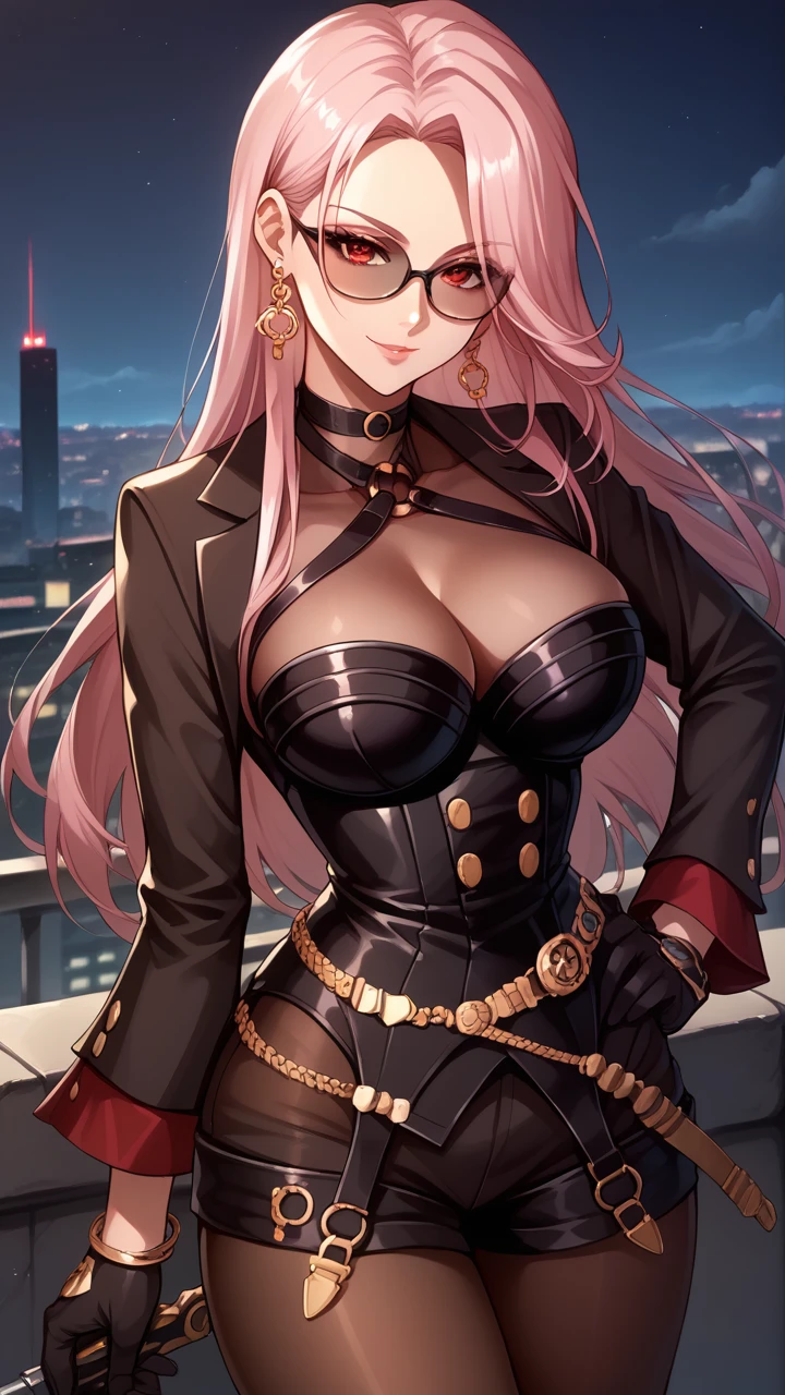 score_9, score_8_up, score_7_up, score_6_up, source_anime, BREAK masterpiece, <lora:SpectreDNF:1>, SpectreDNF, pink hair, large earrings, long hair, corset, glasses, o-ring, choker, suit, bodysuit, pantyhose,shorts, see-through cleavage, gloves,large earrings,  cowboy shot, seductive smile, looking at viewer, red eyes, large breasts,  hand on own hip, cityscape, night, rooftop