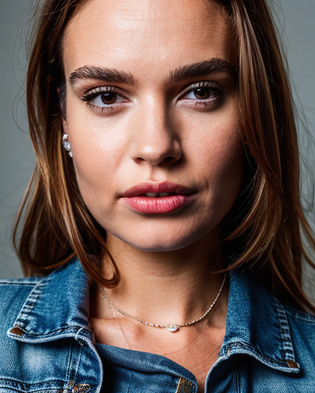 professional portrait of 1girl in a denim jacket, lip gloss, lips, youthful, pretty face, necklace, face details, looking at viewer, lips parted (Vienna abackground), sharp focus