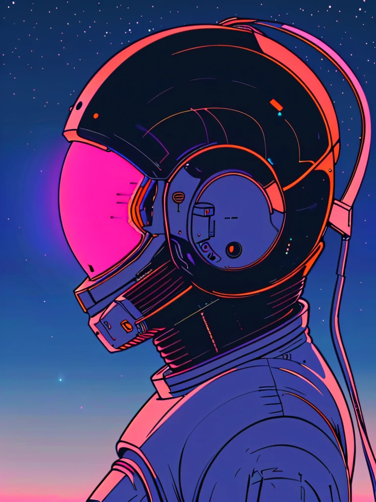 <lora:retro_neon-SD:0.8>,
retro_neon, solo, from side, helmet, no humans, astronaut,glow,sky,space