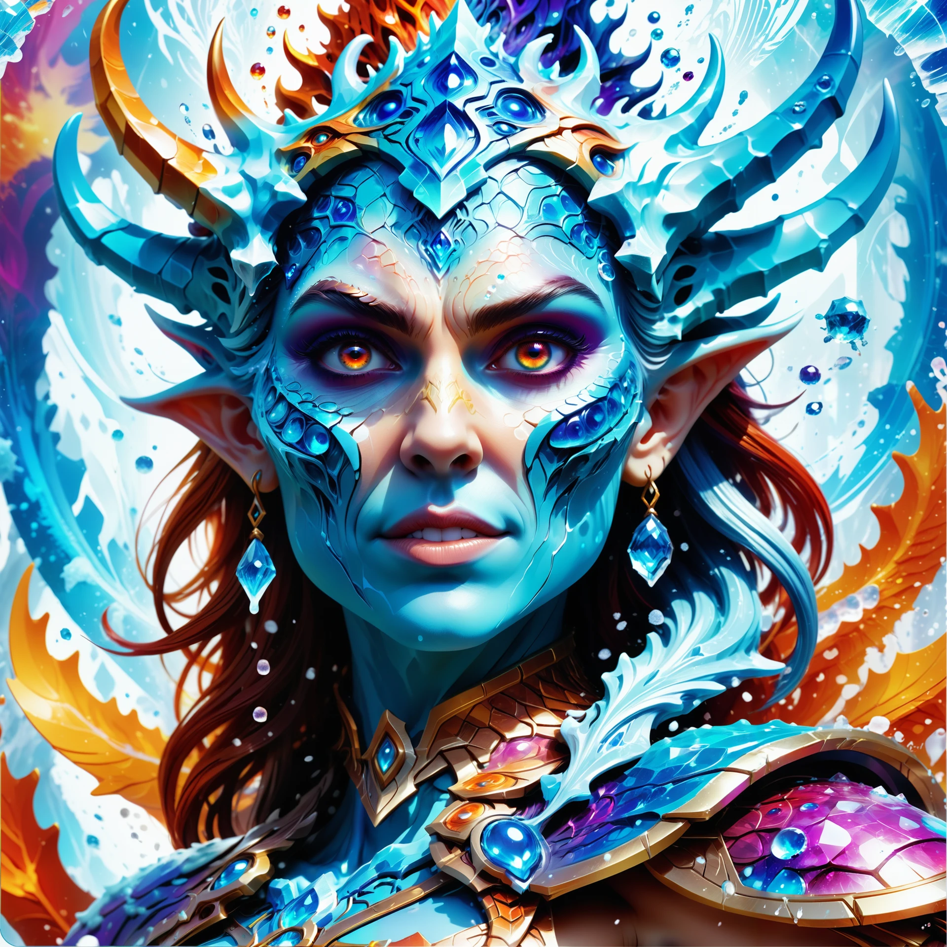 Jed-Spl4sh, <lora:ColourfulStyleV2-000006:0.8>, masterpiece, UHD, 64k, smooth colors, positive emotional, splash effect, D&D style portrait, fantasy, digital art, Female Frost giant, Depth of field 270mm, science fiction, detailed face, dynamic, perfect symmetry,   deep rich colors, magic atmosphere