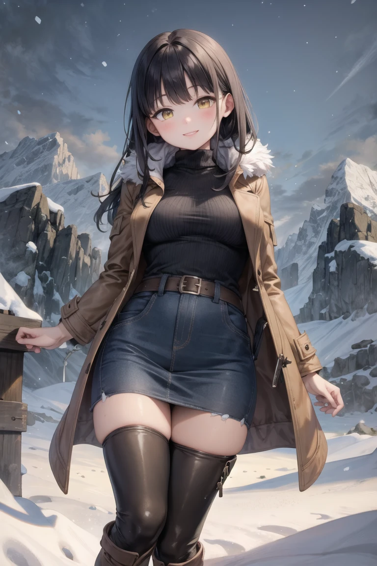 (masterpiece, best quality, beautiful and aesthetic:1.2), 1girl, solo,(soft skin:1.1),standing, cowboy shot,(detailed background), outside, snowstorm in the ice mountains, at dawn, winter clothes, (long overall coat:1.3), turtleneck sweater, (miniskirt:1.3), (long fur leggings:1.3),  (long leather boots:1.3), charming pose, seductive, smiling, yellow eyes, black hair, pony tail, 
<lora:sugiyuu-10:0.6:lbw=ALL>