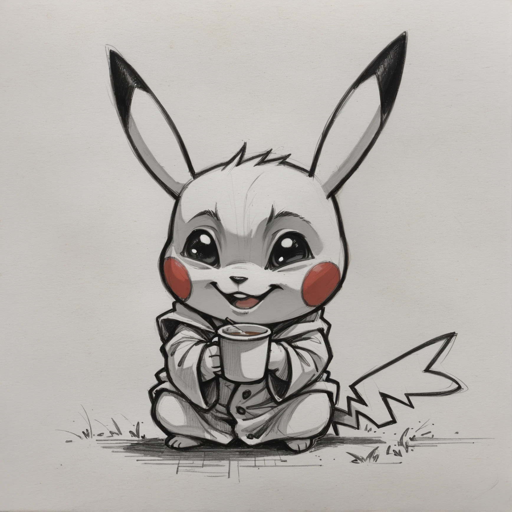 score_9, score_8_up, score_7_up, score_6_up, source_furry, chibi, pikachu, smiling, surprised, holding a cup of coffie, wearing a coat, pencil sketch in chrc_style, drawing, texture, loose lines and shading, white paper,<lora:Pencil_charcoal_Pony-10:1.5>,