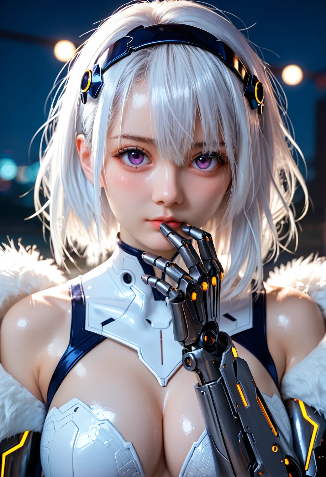 1girl,solo,looking at viewer,medium hair,bangs,hairband,purple eyes,hair ornament,hair between eyes,white hair,fluffy hair,large_breasts,blush shy,shiny_skin,very detailed clothes,very realistic textures,very detailed textures,longeyelashes,brown eye shadow,
night,dim light,cyberpunk,mechanical arm,sci-fi style clothes,hair_tucking,metal material,realistic metallic texture,hands,raise your hand,, score_9,score_8_up,score_7_up,highly detailed,high budget,masterpiece,best quality,perfect anatomy,very aesthetic,8k,