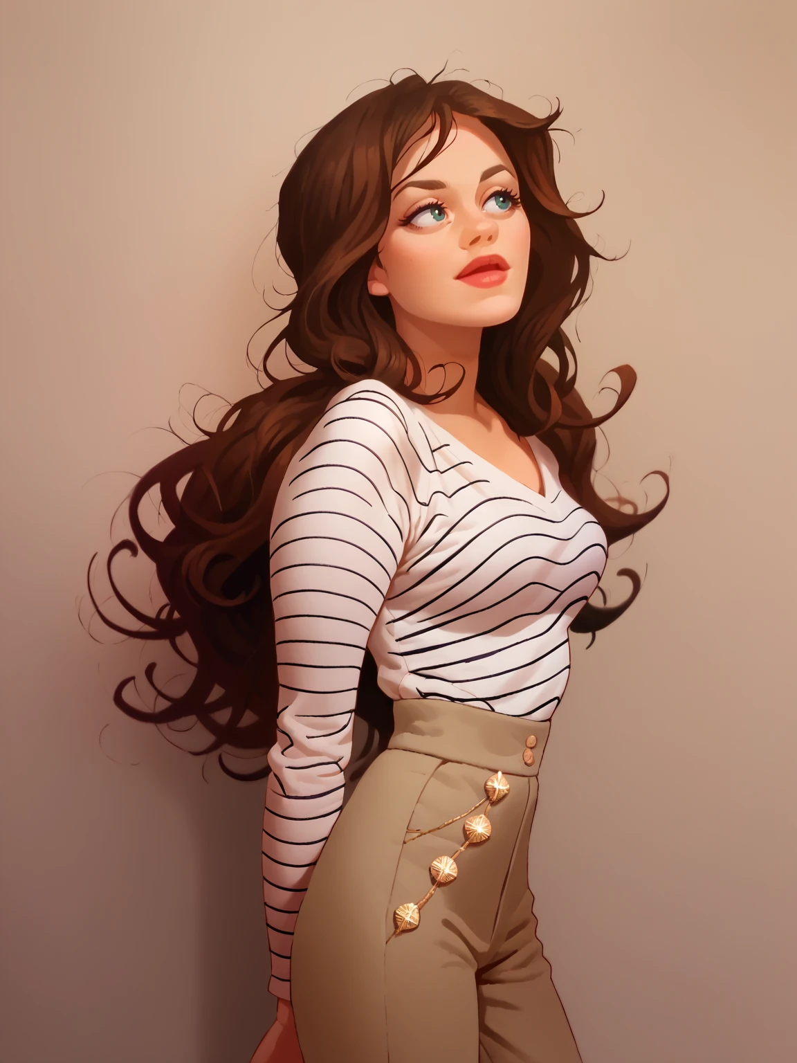 marioncotillard <lora:marioncotillard-pony-3:1>, <lora:c00lw0rldXLP:1> c00lw0rld, source_cartoon, score_9, score_8_up, score_7_up,  1girl, solo, long hair, brown hair, navy sequin top and flared pants