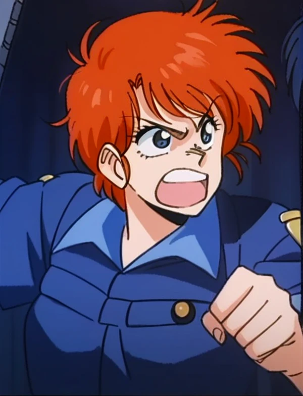 leonaozaki, source_manga, rating_safe,  score_8_up, score_7_up, couple, 1girl, short red hair, messy hair, angry, shouting, raised fist, blue police uniform, <lora:Leona_Ozaki_Dominion_Tank_Police:0.8>, upper body, in the city at night