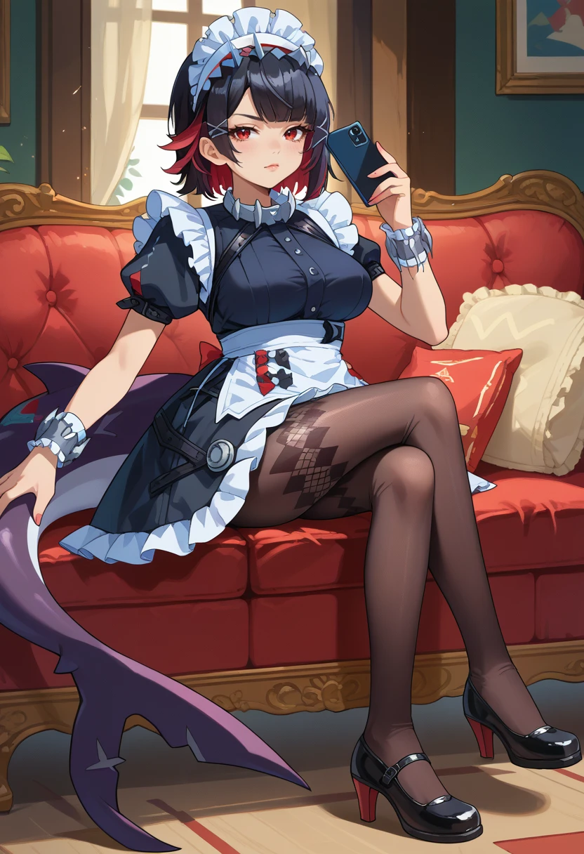 score_9, score_8_up, score_7_up, source_anime BREAK 1girl, solo, sitting, holding phone, 
<lora:wrenchzzzellenjoe:1>, ellenjoe, red eyes, black hair, red hair, multicolored hair, short hair, bangs, x hair ornament, large breasts, 
maid headdress, maid, puffy short sleeves, wrist cuffs, maid apron, frills, pantyhose, black dress, 
tail, shark tail, 
black footwear, high heels, 
looking at viewer,