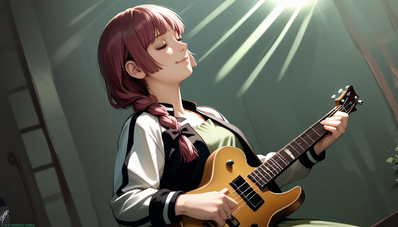 score_8_up, score_7_up, realistic, dutch angle, solo, 1girl, hiroi kikuri, smile, closed mouth, holding guitar, holding instrument, single braid, hair over shoulder, hair bow, closed eyes, two-tone jacket, black jacket, white jacket, open jacket, green dress, spotlight <lora:style_themaestronoob_ponyXL:1> <lora:bocchi_hiroi_ponyXL:1>