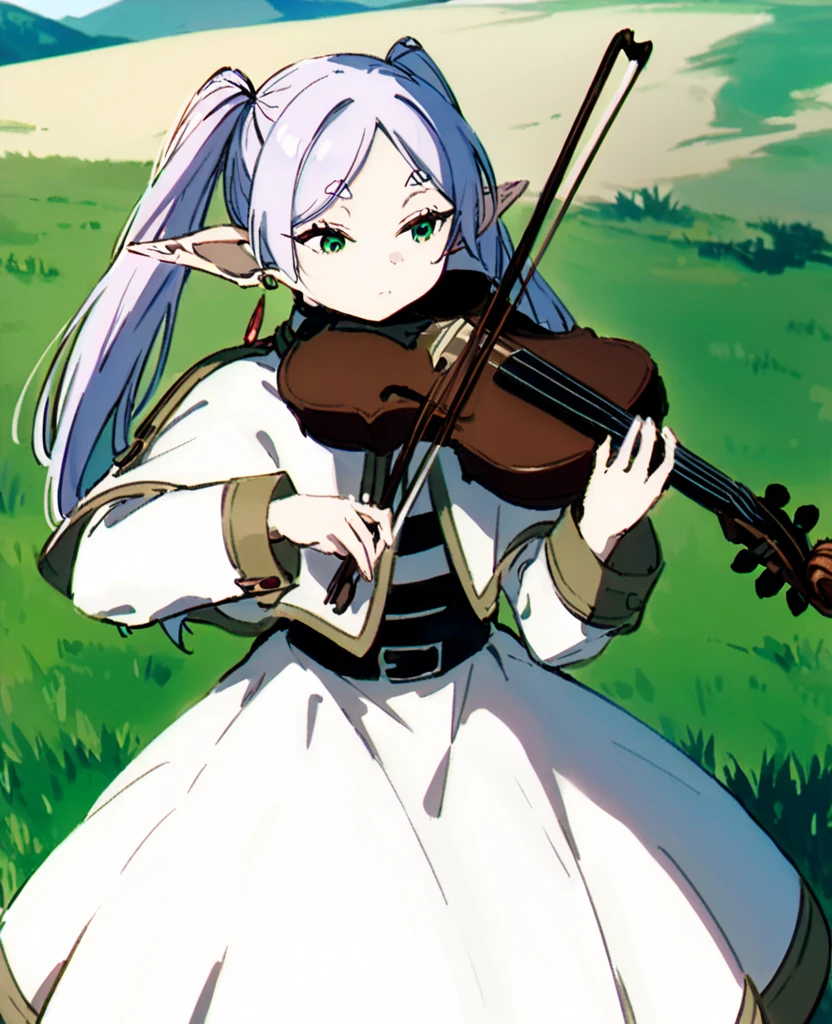 <lora:xtq:0.7>,violin,instrument,playing instrument,holding,bow \(music\),holding instrument,<lora:Vincent_Sketch_Manga:1>,daiton,<lora:fulilian:1>,fll,elf,twintails,long hair,pointy_ears,earrings,belt,dress,long sleeves,capelet,white dress,green eyes,wilderness,outdoors,grassland,, masterpiece,best quality,very aesthetic,absurdres,8k,<lora:ä¿®æsl:1>,