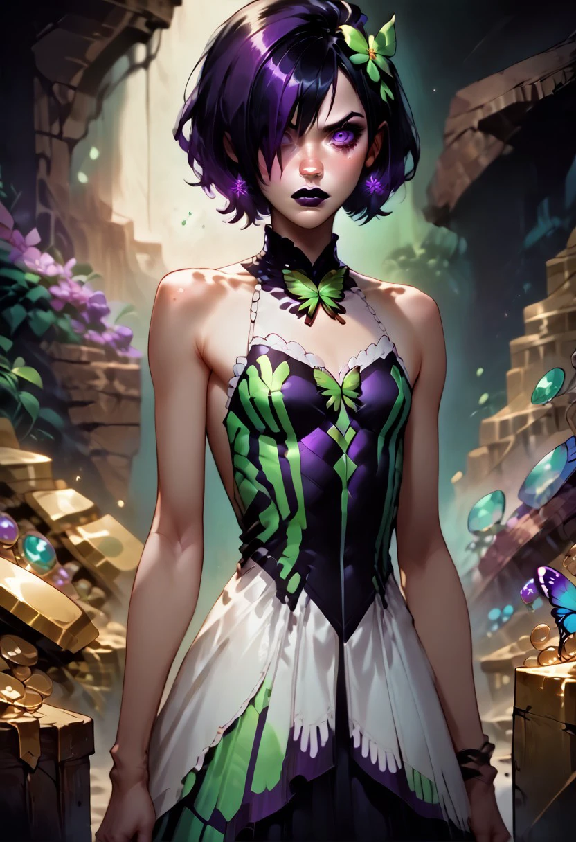 1girl, score_9, score_8_up, score_7_up, western cartoon, black lipstick, purple eyes, black hair, dark purple streak in hair, hair cover one eye, medium bob, white skin, butterfly dress, green flower in hair, facing forward, looking at viewer, frown, masterpiece, high quality, full body, petite, cute face, young, small bust, skinny, very detailed, depth of field, cinematic illumination, volumetric lighting, full color picture, vibrant colors, treasure room,