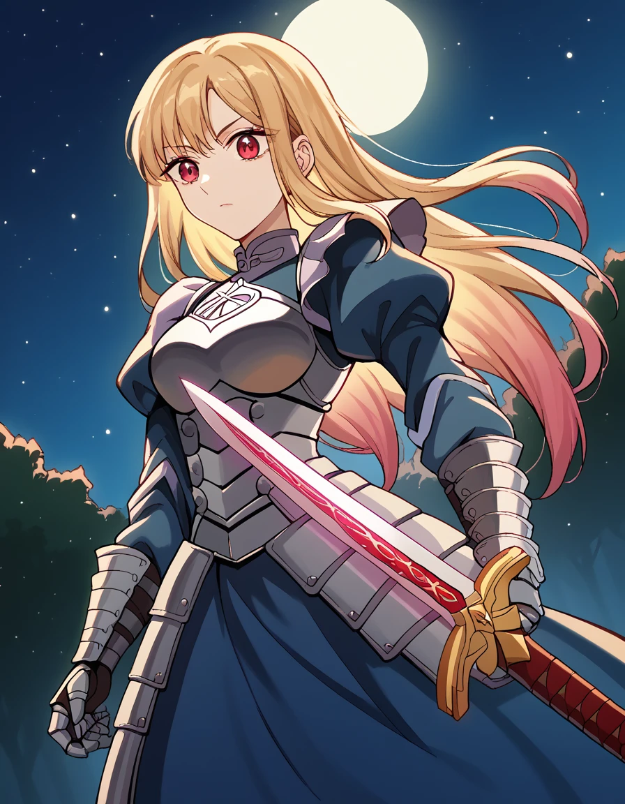 score_9, score_8_up, score_7_up, source_anime, marinkitagawa, <lora:marin-kitagawa-ponyxl-lora-nochekaiser:1>, marin kitagawa, long hair, bangs, blonde hair, red eyes, multicolored hair, medium breasts,, <lora:saber-fate-cosplay-ponyxl-lora-nochekaiser:1>, saber \(fate\) \(cosplay\), armor, armored dress, blue dress, breastplate, dress, excalibur \(fate\/stay night\), gauntlets, juliet sleeves, long sleeves, puffy sleeves, sword, weapon,, outdoors, street, night, moon, starry sky, solo,, cowboy shot, dutch angle,