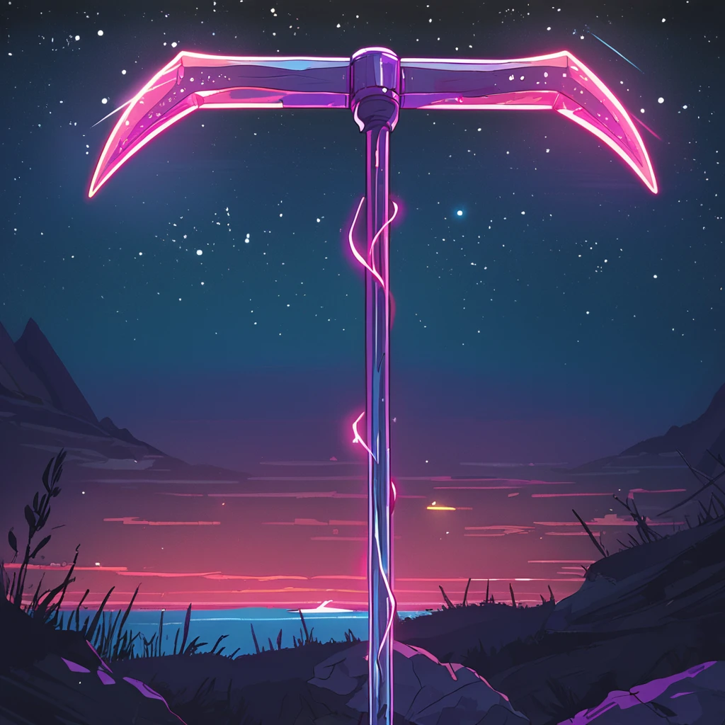 score_9,score_8_up,score_7_up, <lora:retro-neon-style:0.8>,
retro_neon,pickaxe,glow,object focus, no humans, scenery, starry sky, night, night sky, outdoors,