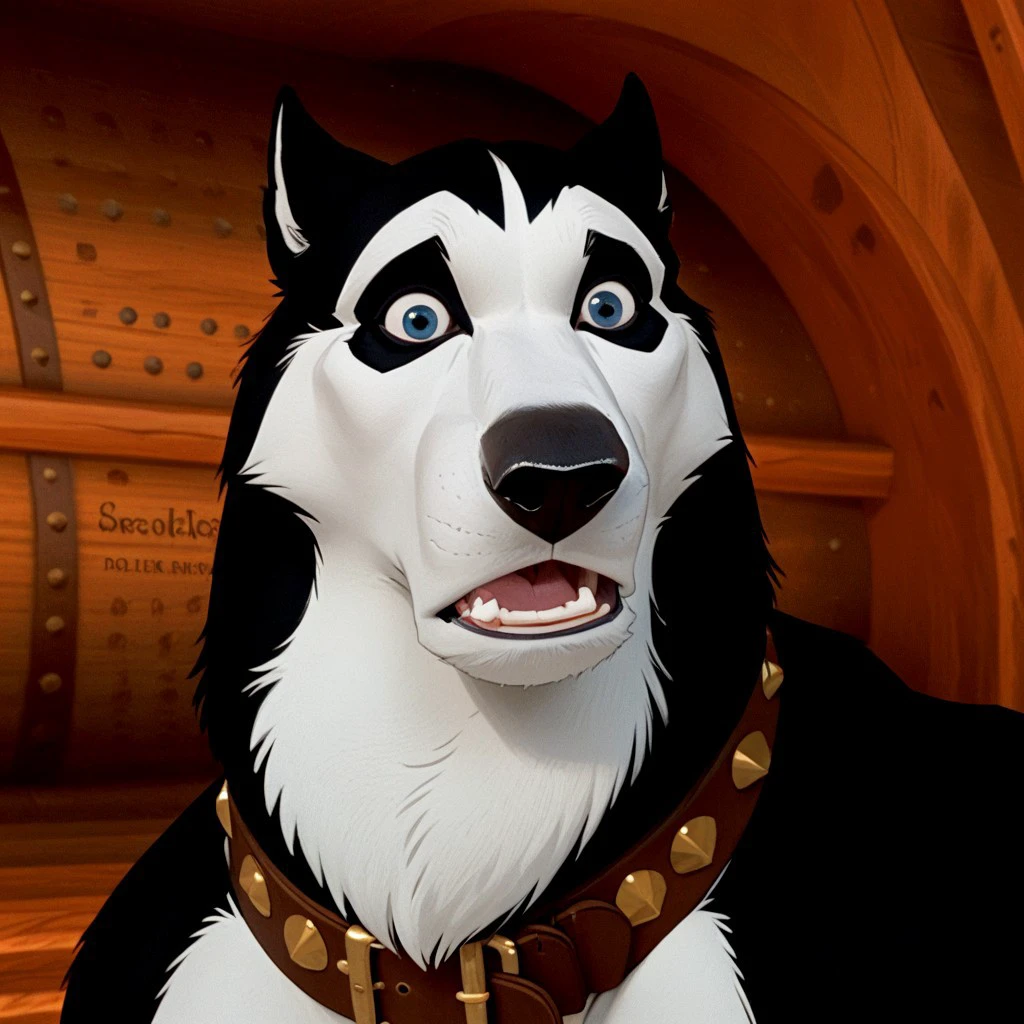 score_9, score_8_up, score_7_up, score_6_up, score_5_up, score_4_up, (Steele /balto/), husky, male husky, anthro male, furry male, shocked expression, looking at viewer, head shot, black and white fur, white snout, white face, black shoulders, black back, white chest, blue eyes, dark-blue eyelids, cheekbones, big collar, thick collar, studded collar, brown collar, leather collar, giant muscles, big muscles, broad shoulders, thick neck, brass buckle, headshot 1boi, solo