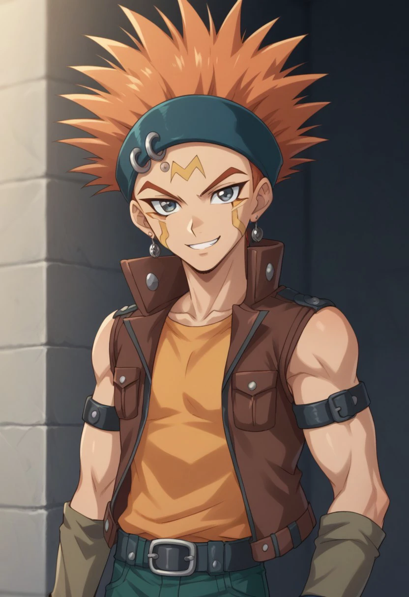 score_9, score_8_up, score_7_up, source_anime, highly detailed, 
crow_5ds, 1boy, male focus, spiked hair, solo, gloves, fingerless gloves, orange hair, belt, facial mark, smile, headband, earrings, vest, shirt, orange shirt, sleeveless, green pants, looking at viewer,
outdoor,