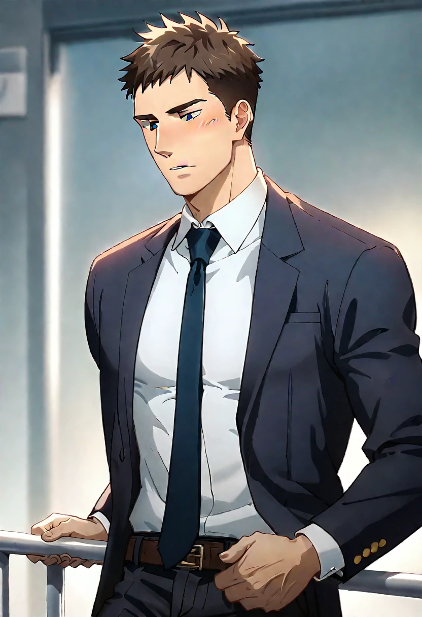 (score_9, score_8_up, score_7_up), ((source anime, best quality, best aesthetic, perfect anatomy, Gold Ratio, Art Composition, zPDXLxxx)), 1boy, doumeki, male_focus, handsome detailed face, black eyes, collared shirt, blazer, necktie, solo, modern office, portrait, (((Furrowed Brow, coutre-jour, from the right, looking down, Railing, Cheek-To-Cheek))), <lora:aesthetic_anime_v1s:1>, <lora:Smooth Anime 2 Style SDXL_LoRA_Pony Diffusion V6 XL:1>, <lora:Doumeki:0.8>