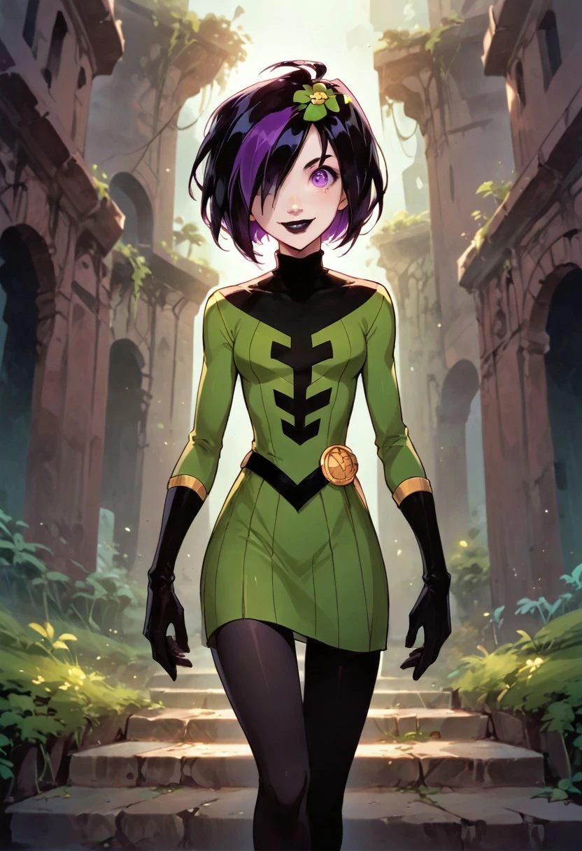 1girl, score_9, score_8_up, score_7_up, western cartoon, black belt, black lipstick, black gloves, purple eyes, black hair, dark purple streak in hair, hair cover one eye, medium bob, white skin, black leggings, black belt, gold circle on belt, green flower in hair, bright green dress, long sleeves, bright green sleeves, gold trim on gloves, black turtleneck, black top of dress, flying, flying to side, wide shot, far shot, facing forward, looking at viewer, smile, masterpiece, high quality, full body, cute face, small bust, skinny, very detailed, depth of field, cinematic illumination, volumetric lighting, full color picture, vibrant colors, arcane ruins,