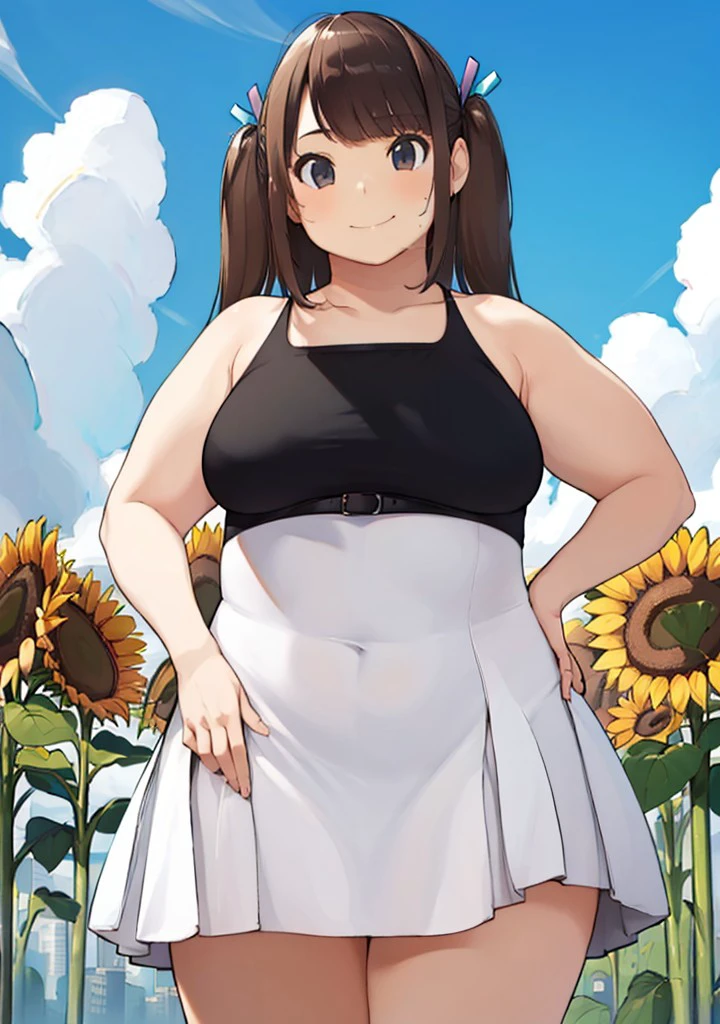 (masterpiece), best quality, expressive eyes, perfect face, hair ornament, bangs, solo, 1girl, medium breasts, plump, chubby, long hair, brown hair, brown eyes, two side up, TanumaMiyuki, solo, standing, hand on hip, smile, happy, big girl, (sundress:1.4), sunflowers field, cloud, scoop sleeveless, (beautiful dress:0.9),, <lora:female_pubic_hair3-000005:0.7>, <lora:Fat:0.5>, <lora:737e6236-ee4d-4c1f-a0da-3685ff83fa9a:0.8>, <lora:0fdb1eda-7961-4da6-ae46-524b879a03ec:0.4>