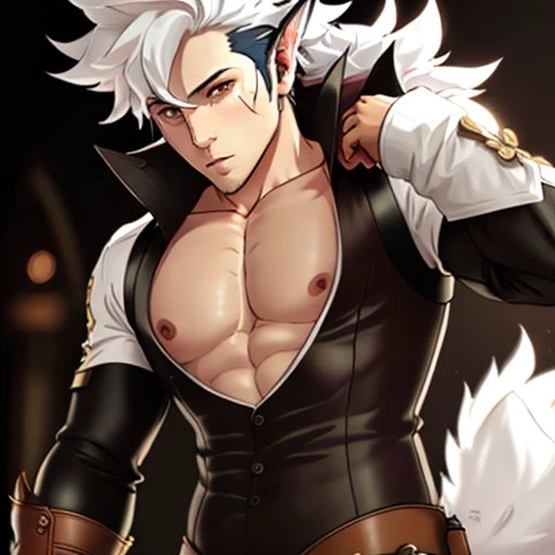 <lora:keaton:0.6> keaton, fire emblem, fates, man, (long hair), multicolor hair, white hairs on top, black hairs below, wolf ears, wolf tail, fluffy tail, wolfskin, red eyes, mischievous, fierce, muscular build, muscle, shirtless, black trousers, flexing muscles, flexing, bicep, abs, pecs, brown gauntlets, boots, ultra detailed digital art, dramatic, trending on artstation, sharp focus, perfect composition, concept art, 8k, studio photo, ethereal colors background, volumetric lighting, light studio, vibrant, intricate details, tonemapping, <lora:add_detail:0.6>