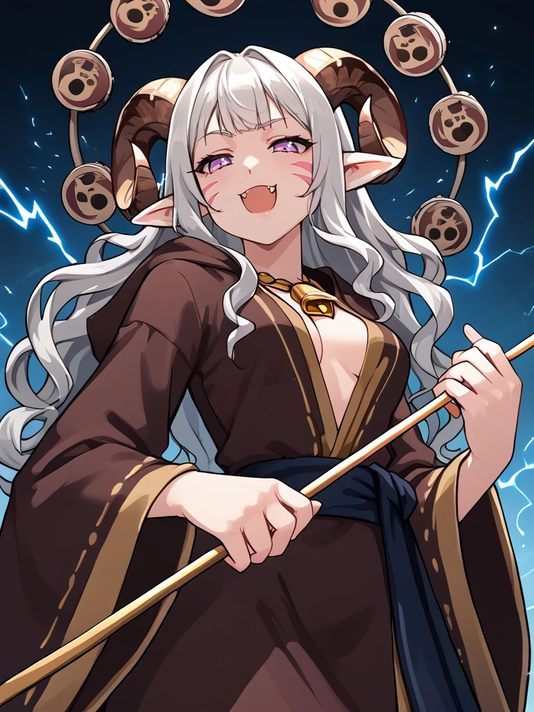 <lora:whisker_markings:0.8>red whisker_markings,
source_furry, score_7_up, rating_safe, cowboy shot, gold necklace, tiefing, short pointed ears, brown horns, (a pair of brown sheep Horns that begin at her temples and curve back: 1.5), bangs, long silver hair long wavy hair, pale skin ,short pointy ears, purple eyes, <lora:age_slider_v4:0.6>   medium breasts, skinny female, close up, silver hair, <lora:Tieflingnew weird fantasyDND:0.3> Tiefling, pointed ears, horns, half-closed eyes<lora:Smooth Style 2 SDXL_LoRA_Pony Diffusion V6 XL:0.5> bell, robe, hood off, 
<lora:tako_drum:1> Raijin taiko drums:1.5,drum, electricity, electrokinesis, from below  , fang,holding drumsticks,