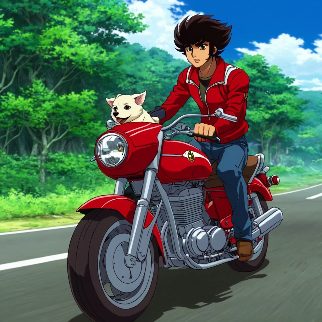 anime artwork of <lora:Majinga style:0.3>
 <lora:Kouji Kabuto:0.9> 
In anime manga universe, Kouji Kabuto a man riding a motorcycle with a dog on the back , animation style, cartoon, video animation, animated cartoon style, cinematic animation style, visual stunning, Majinga style, anime style, key visual, vibrant, studio anime,  highly detailed